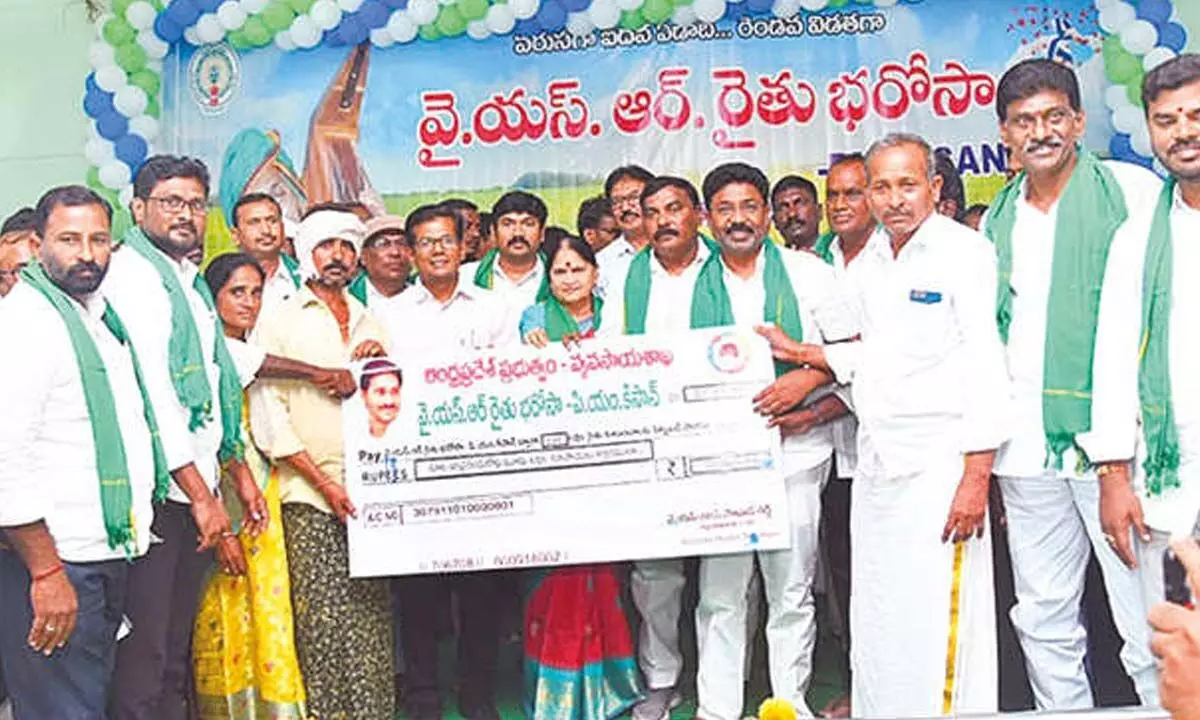 Ministers M Nagarjuna, A Suresh, collector AS Dinesh Kumar presenting a cheque to beneficiaries in Yerragondapalem on Tuesday