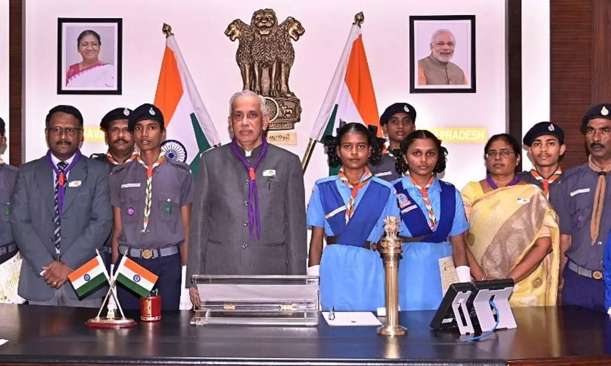 Governor S Abdul Nazeer with Scouts and Guides in Vijayawada on Tuesday