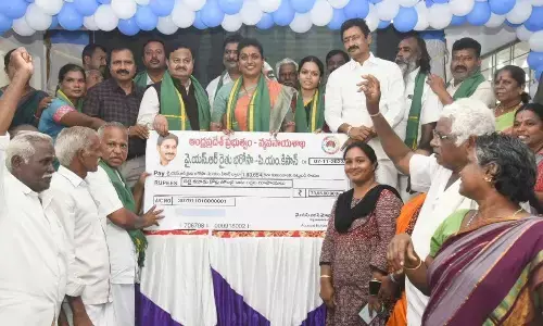Minister R K Roja, Collector K Venkataramana Reddy and others releasing the Rythu Bharosa  - PM Kisan mega cheque in  Vadamalapet on Tuesday