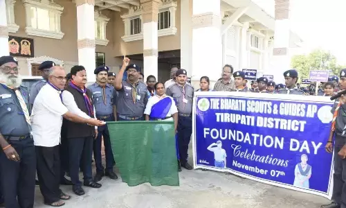District Collector K Venkataramana Reddy flagging off the Bharat Scouts and Guides foundation day rally in Tirupati on Tuesday
