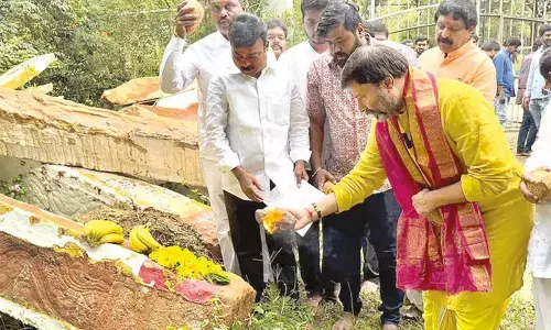 BJP State spokesperson G Bhanu Prakash Reddy performing puja to the removed pillars of ancient Parveta Mandapam at Tirumala on Tuesday