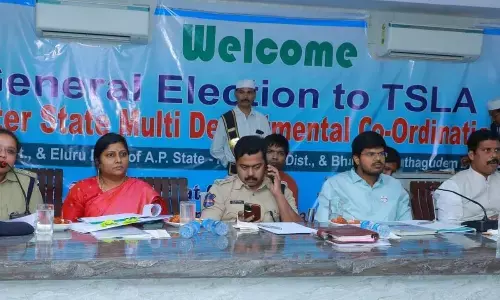 DCP Ajitha Vejendla participating in the Inter State Multi-Departmental Coordination Meeting at Sathupalli of Telangana state on Tuesday. NTR district collector S Dilli Rao is also seen.
