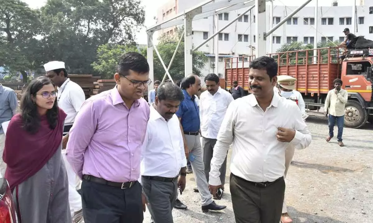 NTR district collector Dilli Rao inspecting the arrangements at IGMC Stadium in Vijayawada on Thursday
