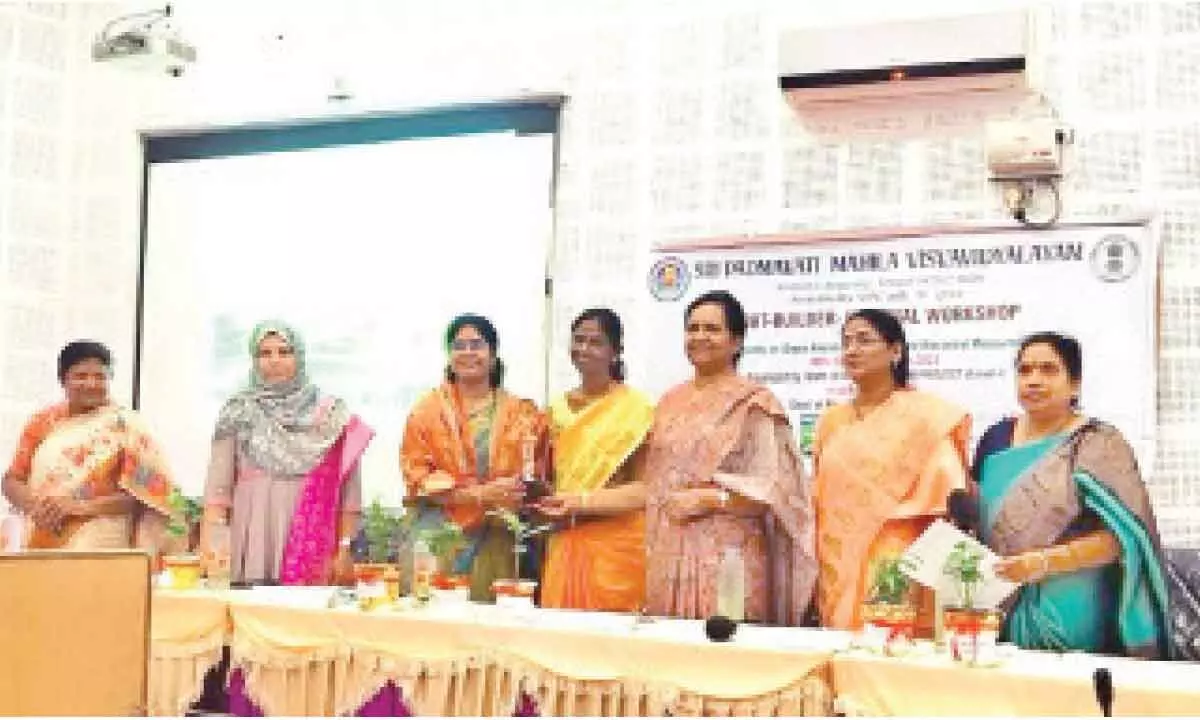 SPMVV Vice-Chancellor Prof D Bharathi, Registrar Prof N Rajani, Prof DM Mamatha, Dr Sadarunnisa Sayed and others at a national workshop held at the university in Tirupati on Thursday