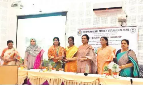SPMVV Vice-Chancellor Prof D Bharathi, Registrar Prof N Rajani, Prof DM Mamatha, Dr Sadarunnisa Sayed and others at a national workshop held at the university in Tirupati on Thursday