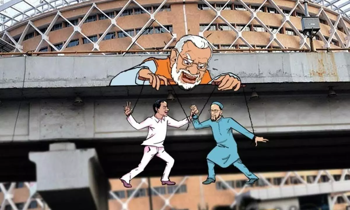 Congress posters show KCR, Owaisi as puppets in PM Modi’s hands