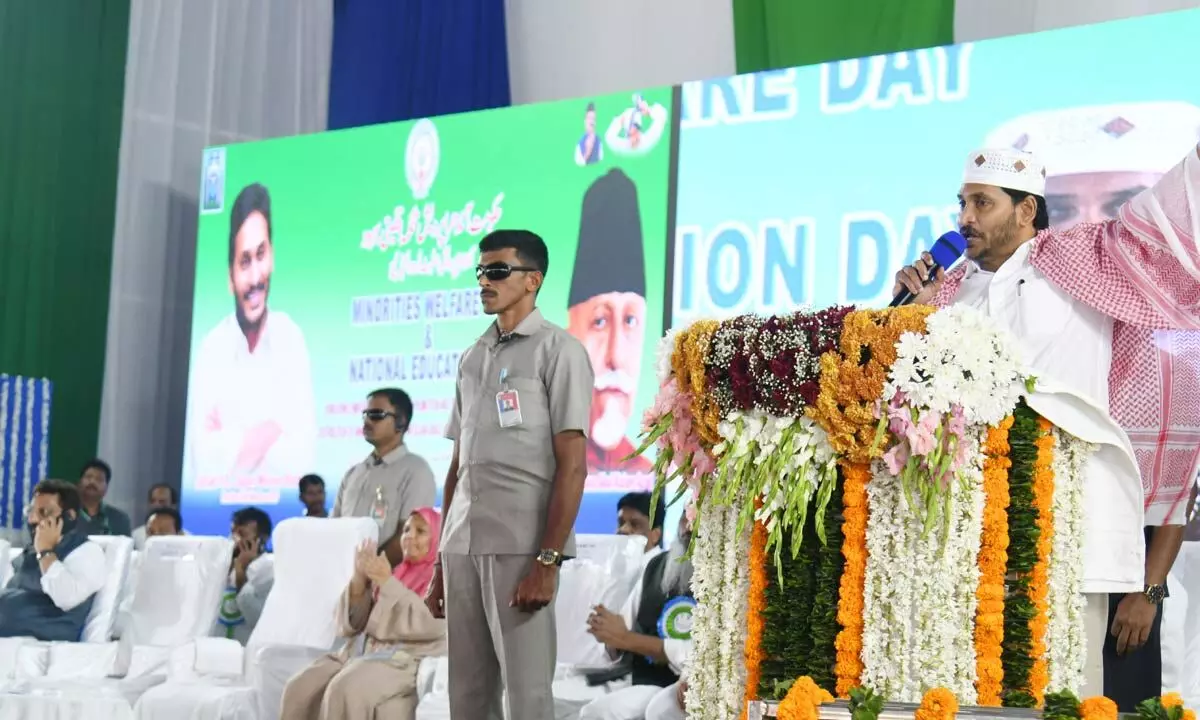 Chief Minister Y S Jagan Mohan Reddy participating in a public meeting organised on the occasion of Minorities Welfare Day / National Education Day at Indira Gandhi Municipal Stadium in Vijayawada on Saturday