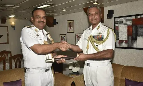 Rear Admiral Rajesh Dhankhar taking over command of the Eastern Fleet, the Sword Arm of the Eastern Naval Command, from Rear Admiral Gurcharan Singh at Naval Dockyard, Visakhapatnam