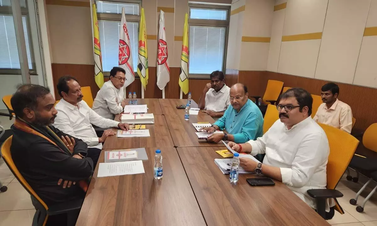 The TDP-JSP manifesto committee members take part in the meeting at TDP headquarters in Mangalagiri on Monday