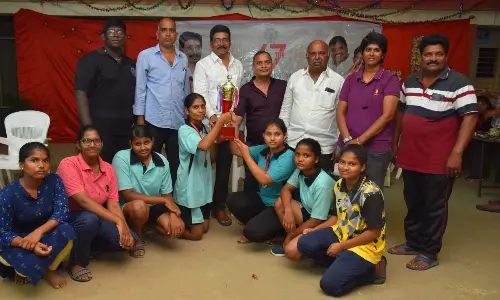 Winners receiving awards and trophies at Nunna ZP school near Vijayawada on Monday