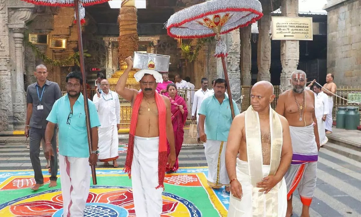 TTD Chairman Bhumana Karunakar Reddy, EO A V Dharma Reddy and others taking part in Srivari Lakshmi Kasula Haram procession at Tirumala on Tuesday