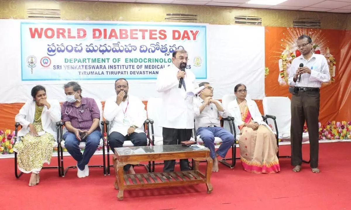 SVIMS director Dr RV Kumar speaking at a discussion on diabetes on Tuesday. Dr Ram, Dr Alok Sachan, Dr Vanajakshamma and others are also seen.