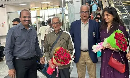 101-Year-old Commander (retd) V Sriramulu being felicitated as he returns to Visakhapatnam after winning three gold medals in the international event