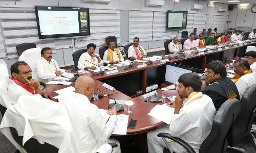 TTD chairman Bhumana Karunakara Reddy and EO AV Dharma Reddy at the trust board meeting in Tirumala on Tuesday
