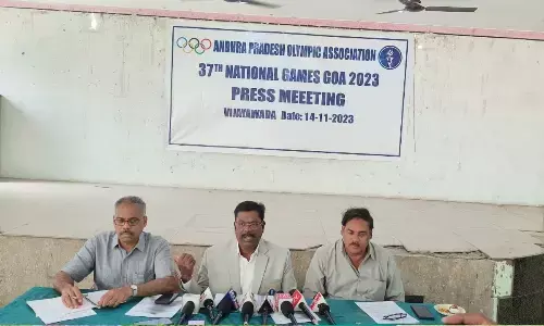 AP Olympic Association president RK Purushotham addressing a press meet in Vijayawada on Tuesday