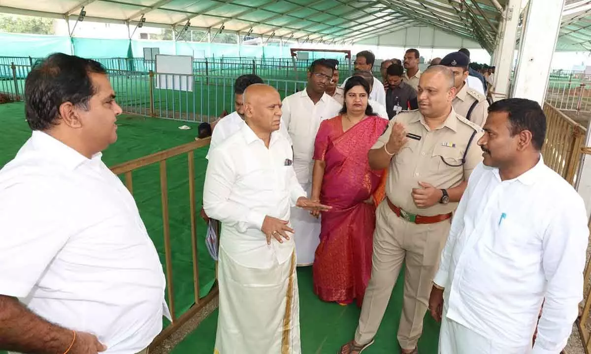 TTD EO AV Dharma Reddy, district SP Parameshwar Reddy and other officials inspecting the arrangements for Panchami Theertham fete in Tirupati on Thursday