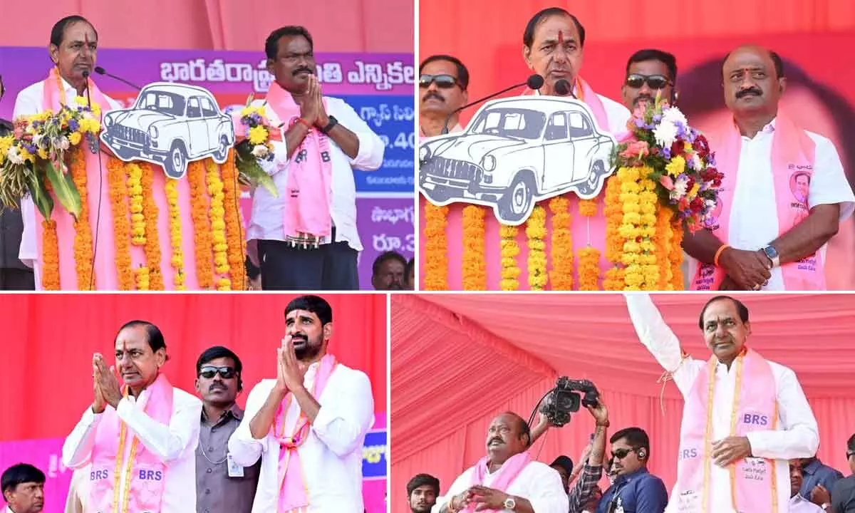 (Right top) BRS chief K Chandrashekar Rao addressing a public meeting in Parakala. BRS candidate Challa Dharma Reddy is on the right. (Top) KCR with Choppadandi party candidate Sunke Ravi Shankar. (Left)) BRS chief with Huzurabad party candidate Kaushik Reddy. (Right) KCR with Karimnagar party candidate Gangula Kamalakar