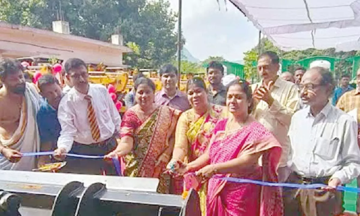Mayor G Hari Venkata Kumari inaugurating new equipment to keep the city clean in Visakhapatnam on Saturday