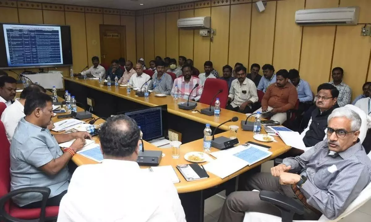APPCB Chairman Dr Sameer Sharma addressing a review meeting in Tirupati on Saturday. District Collector K Venkataramana Reddy is also seen.