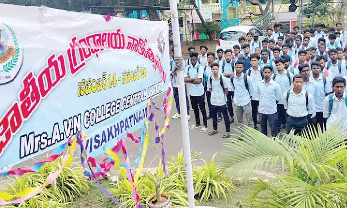 Students of Mrs AVN College celebrating National Library Week in Visakhapatnam on Monday