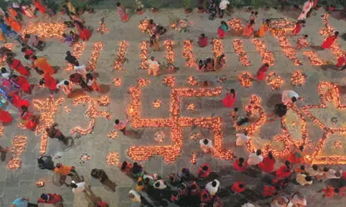 Traditional lamps lit as part of Laksha Deepotsavam at Srisailam temple on Monday