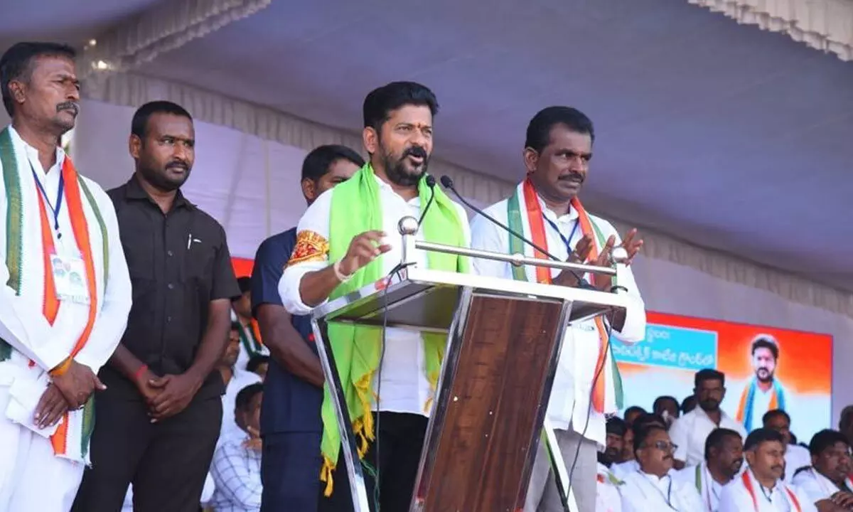 TPCC chief Revanth Reddy along with Congress party’s contestant for Wanaparthy, Tudi Megha Reddy at the party’s rally in the district on Tuesday