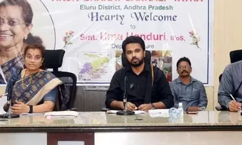 Union Ministry of Culture joint secretary Uma Nanduri speaking at the review meeting in Eluru on Tuesday