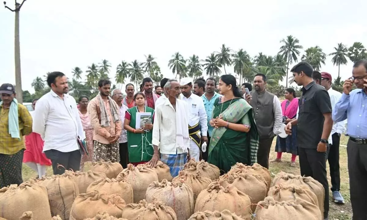District collector K Madhavi Latha interacting with farmers at Kondagunturu village on Wednesday