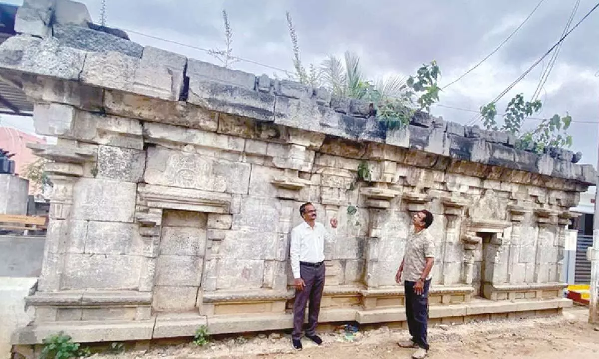Dr E Sivanagi Reddy and B V Ramana at 12th century Krishna temple in Mundlapudi near Tirupati
