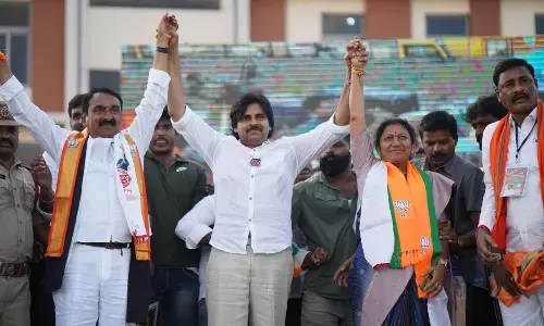 Jana Sena chief Pawan Kalyan during a public meeting with BJP candidates – Errabelli Pradeep Rao (Warangal East) and Rao Padma (Warangal West) in Warangal on Wednesday