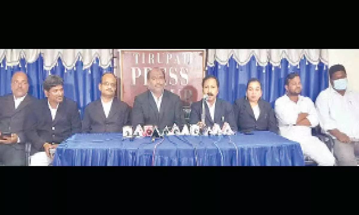 Lawyers Irala Chandrasekhar, Dorababu and others speaking at a press meet in Tirupati on Friday