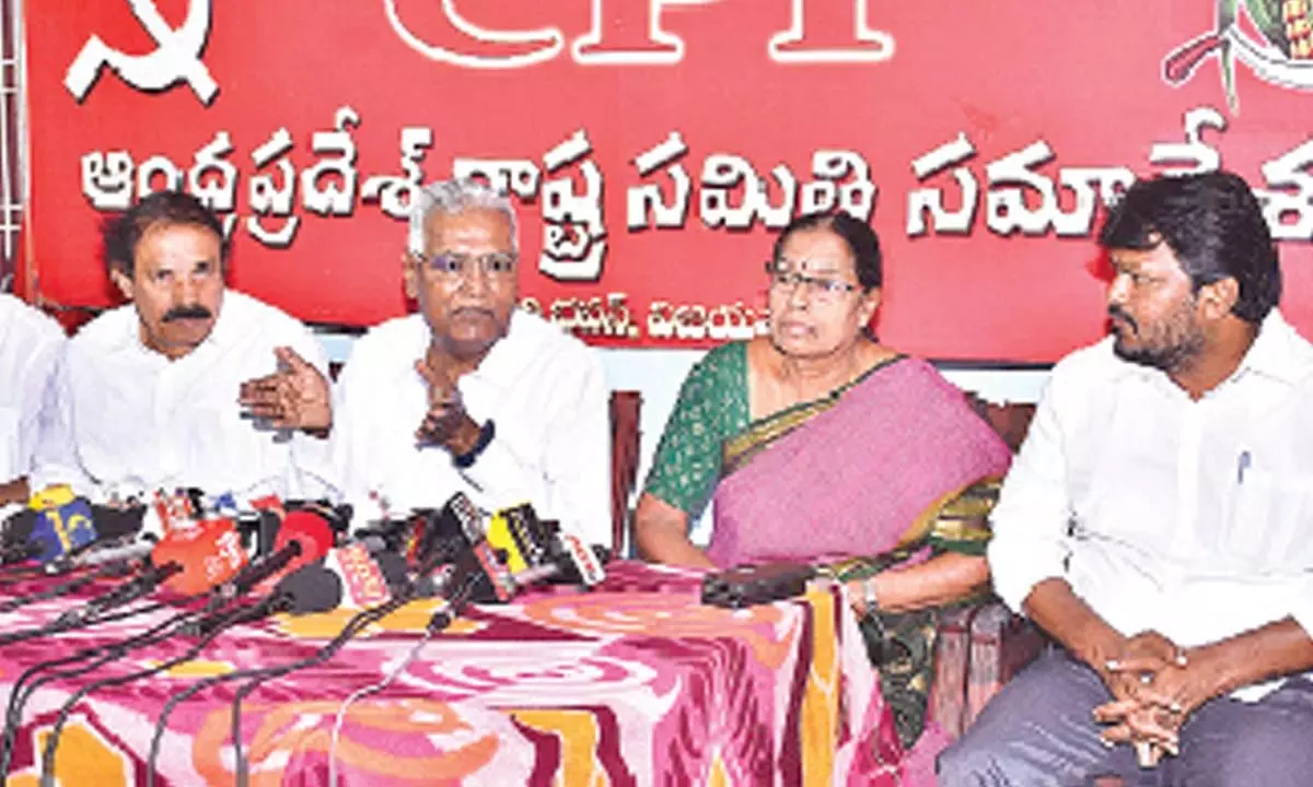 CPI national general secretary D Raja addressing the media at the state party office in Vijayawada on Saturday