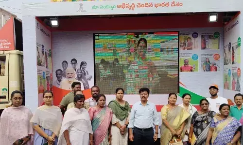 ZP CEO K Rajkumar addressing the people during Viksit Bharat Sankalp Yatra in Gantyada on Saturday