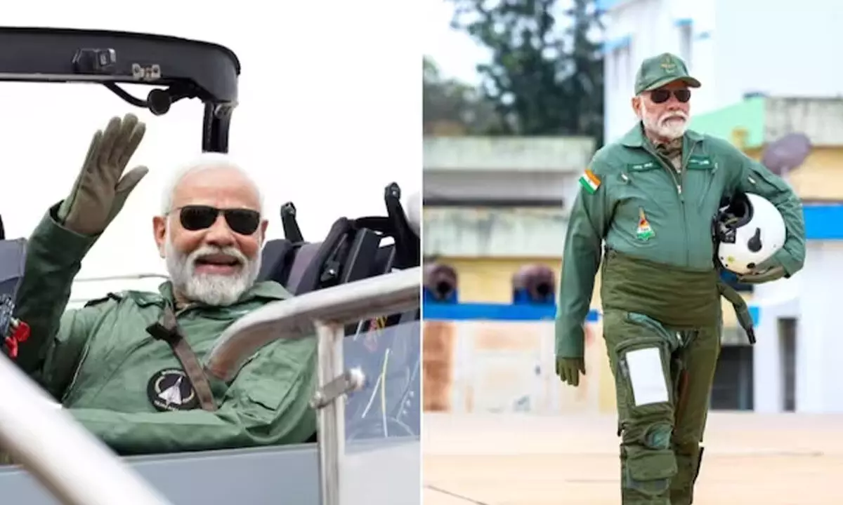 Prime Minister Narendra Modi after taking a sortie on the Tejas, in Bengaluru on Saturday