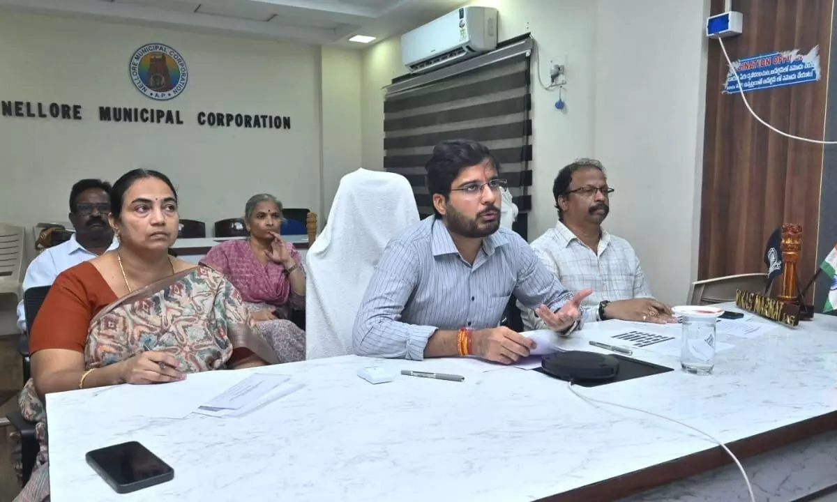Municipal Commissioner  Vikas Marmath addressing a virtual meeting with the  officials over ‘Adudam Andhra’ programme, in  Nellore on Saturday
