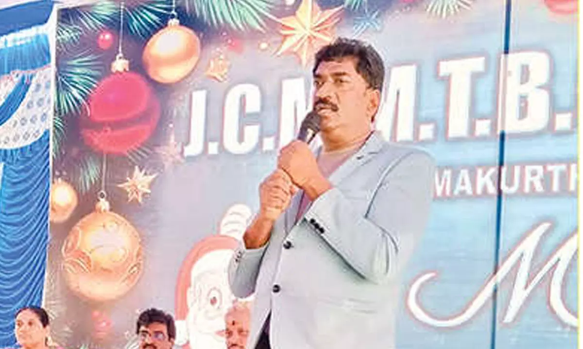 Andhra Pradesh Bishop Council chairman Dr Yalamanchili Praveen speaking at semi-Christmas celebrations in Chimakurthy on Saturday