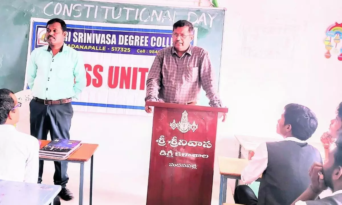 College correspondent N Srinivasulu Reddy speaking at National Constitution Day at Sri Srinivasa Degree College in Madanapalle