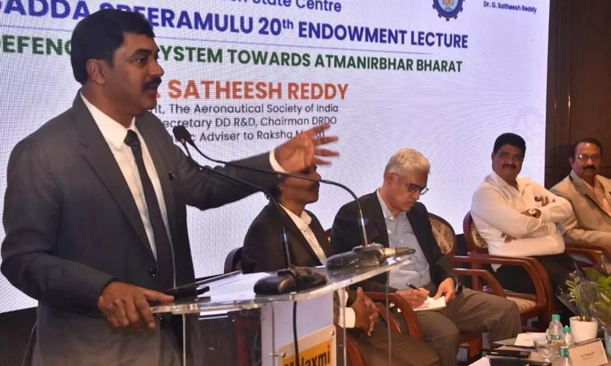 Scientific  Advisor to defence  minister and president of the Aeronautical Society of India Dr G Satheesh Reddy delivering a lecture in Vijayawada on Monday