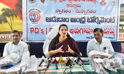 District Collector Dr G Srijana addressing a media conference on ‘Aadudam Andhra’ tournaments, in Kurnool on Monday