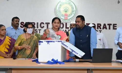 East Godavari District Collector Dr K Madhavi Latha, Joint Collector N Tej Bharat, DCHS Dr S Sanath Kumari and others checking the surgical equipment distributed to the health centres