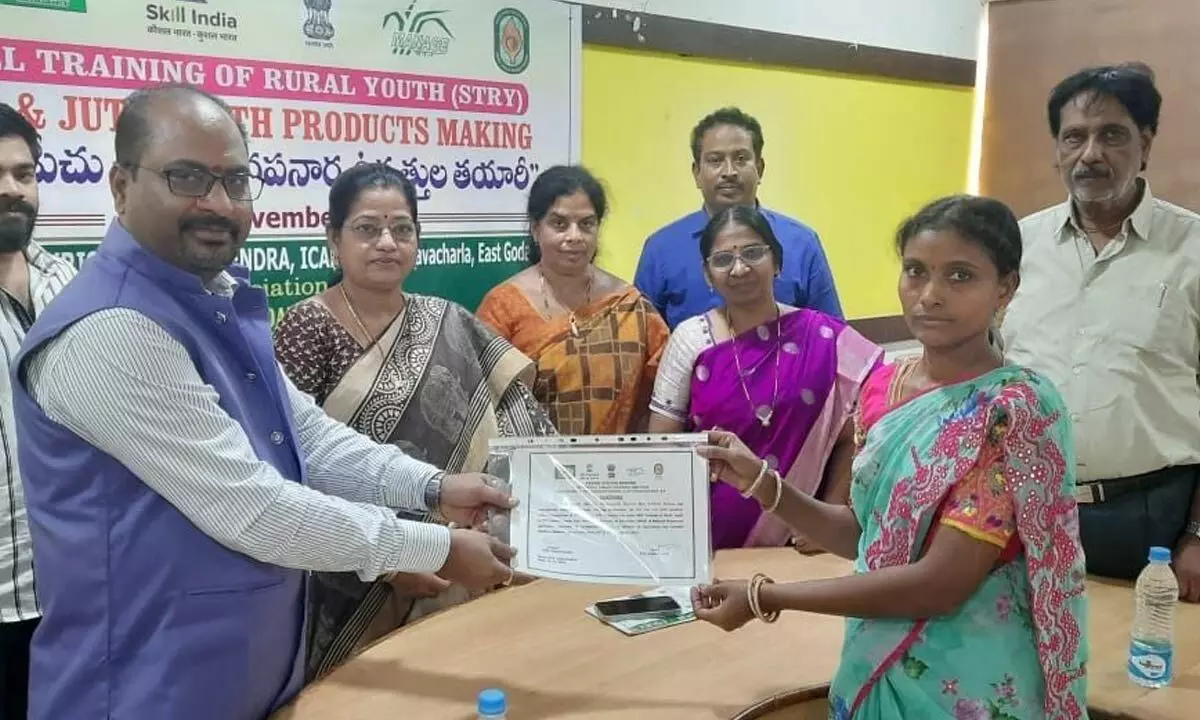 Trained women receiving certificates in Rajamahendravaram on Tuesday