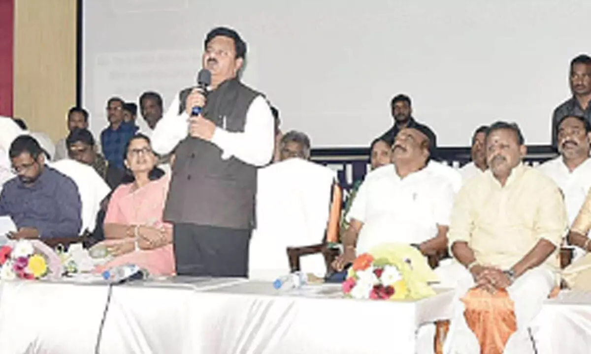 District Collector K Venkataramana Reddy speaking at a meeting on caste census in Tirupati on Tuesday. Joint Collector D K Balaji, Chittoor MP N Reddeppa, Tirupati Mayor Dr R Sirisha, Chittoor Mayor Amuda and others are also seen.