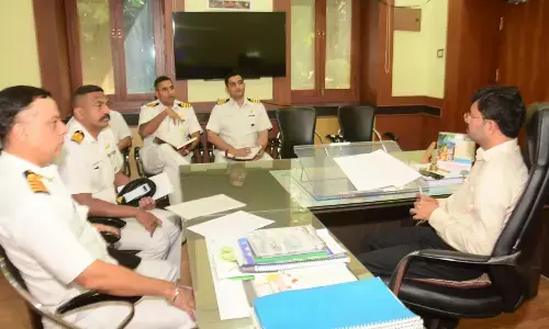 District collector A Mallikarjuna holding a meeting with Naval officials in Visakhapatnam on Tuesday.