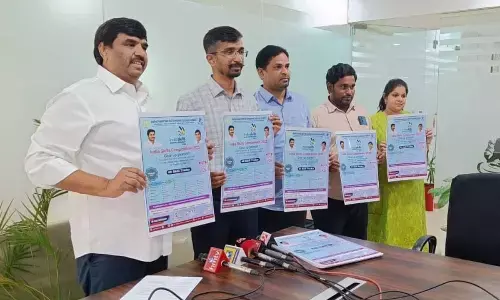 Adviser to State Skill Development department Challa Madhusudan Reddy, managing director and CEO of APSSDC Dr V Vinod Kumar and others releasing the poster in Tadepalli on Tuesday