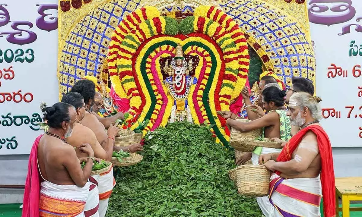 Priests performing Laksha Bilwarchana Seva at Sri Kapileswara Swamy temple in Tirupati on Thursday