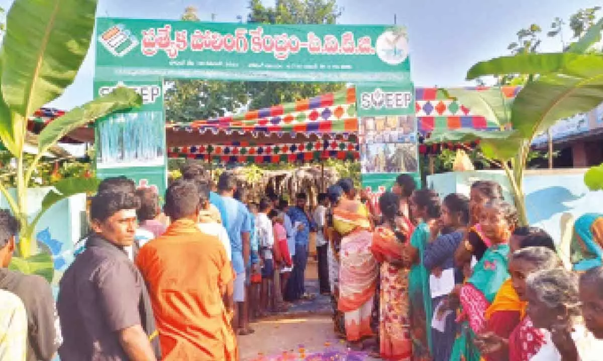 The Kondareddy tribal (PVTG) people standing in queue for casting their voters in Reddigudem in Aswaraopet in Kothagudem district. This is the first time that the administration setup a separate polling station for the tribals