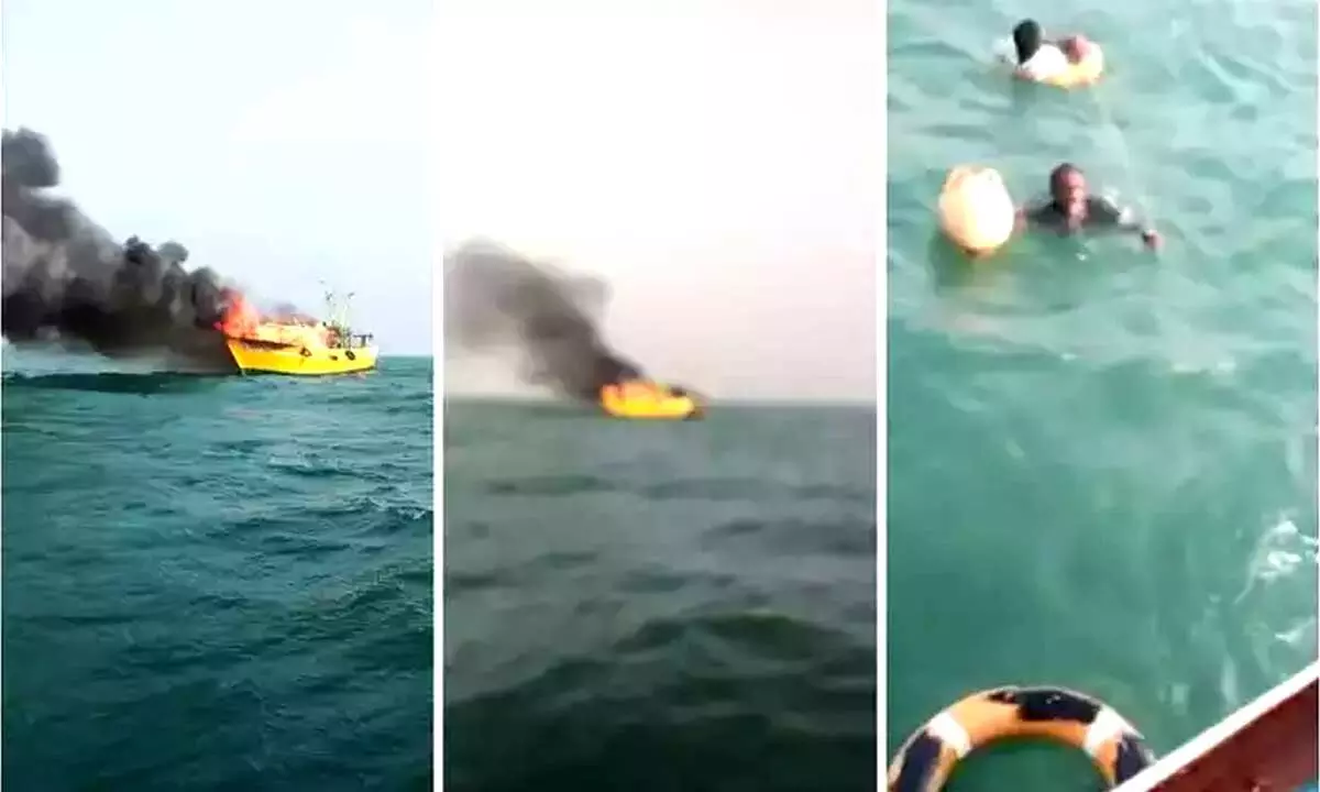 Fire breaks out in a boat at Kakinada coast, 11 fishermen rescued
