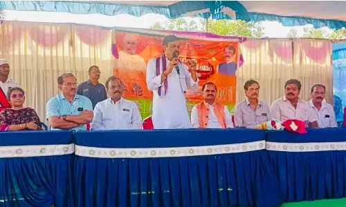 Rajya Sabha member G V L Narasimha Rao speaking at a programme held in Visakhapatnam on Thursday
