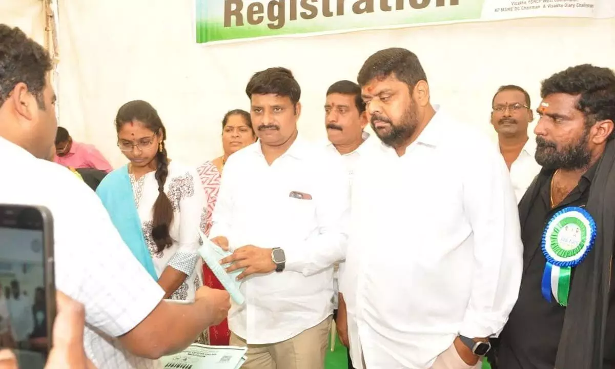 YSRCP Visakhapatnam West constituency coordinator and chairman of Visakha Dairy Adari Anand Kumar, among others, at the two-day job mela held at Gajuwaka in Visakhapatnam