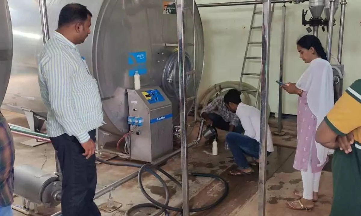 Vigilance and Enforcement officials collecting milk sample at a dairy in Anantapur district on Saturday